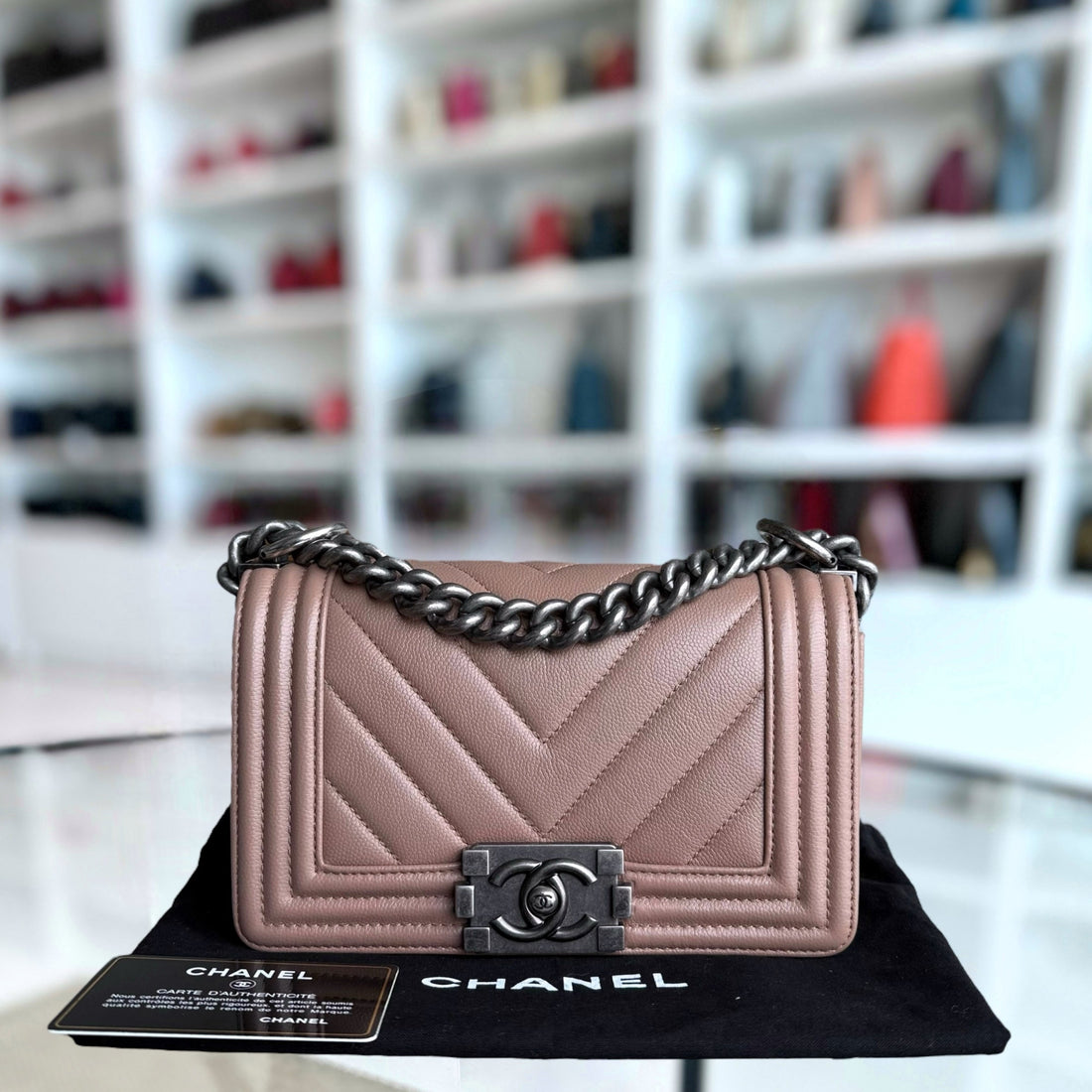 Chanel Boy Small - Caviar Chevron 23CM Dark Beige Blush Ruthenium Silver Hardware Series 24