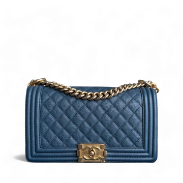 Chanel Boy Medium - Caviar 25CM Quilted Blue Gold Hardware Series 23