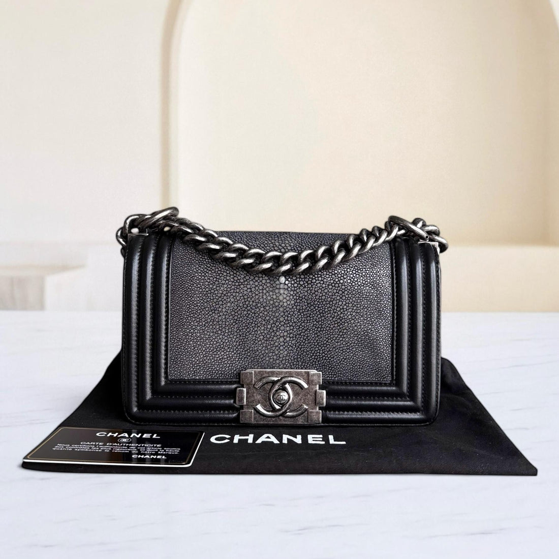 Chanel Boy Small - Stingray Black Ruthenium Silver Hardware Series 20