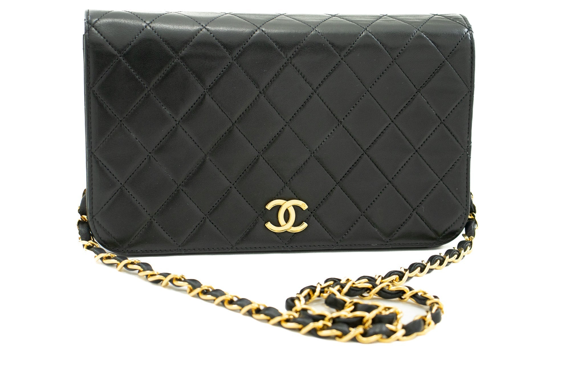 CHANEL Full Flap Chain Shoulder Bag Clutch Black Quilted Lambskin j59