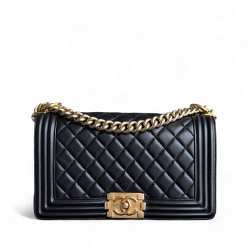 Chanel Boy Medium - 25CM Quilted Lambskin Black Gold Hardware Series 21