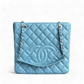 Chanel PST Petite Shopping Tote - Quilted Caviar Light Blue Silver Hardware Series 14