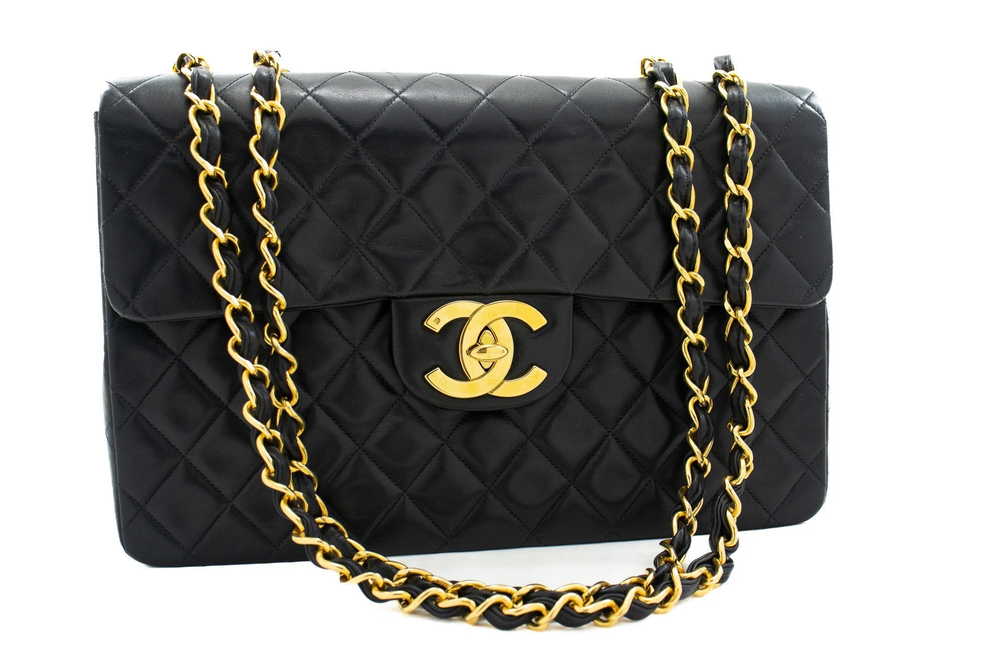 CHANEL Classic Large 13" Flap Chain Shoulder Bag Black Lambskin j56