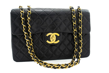 CHANEL Classic Large 13" Flap Chain Shoulder Bag Black Lambskin j56