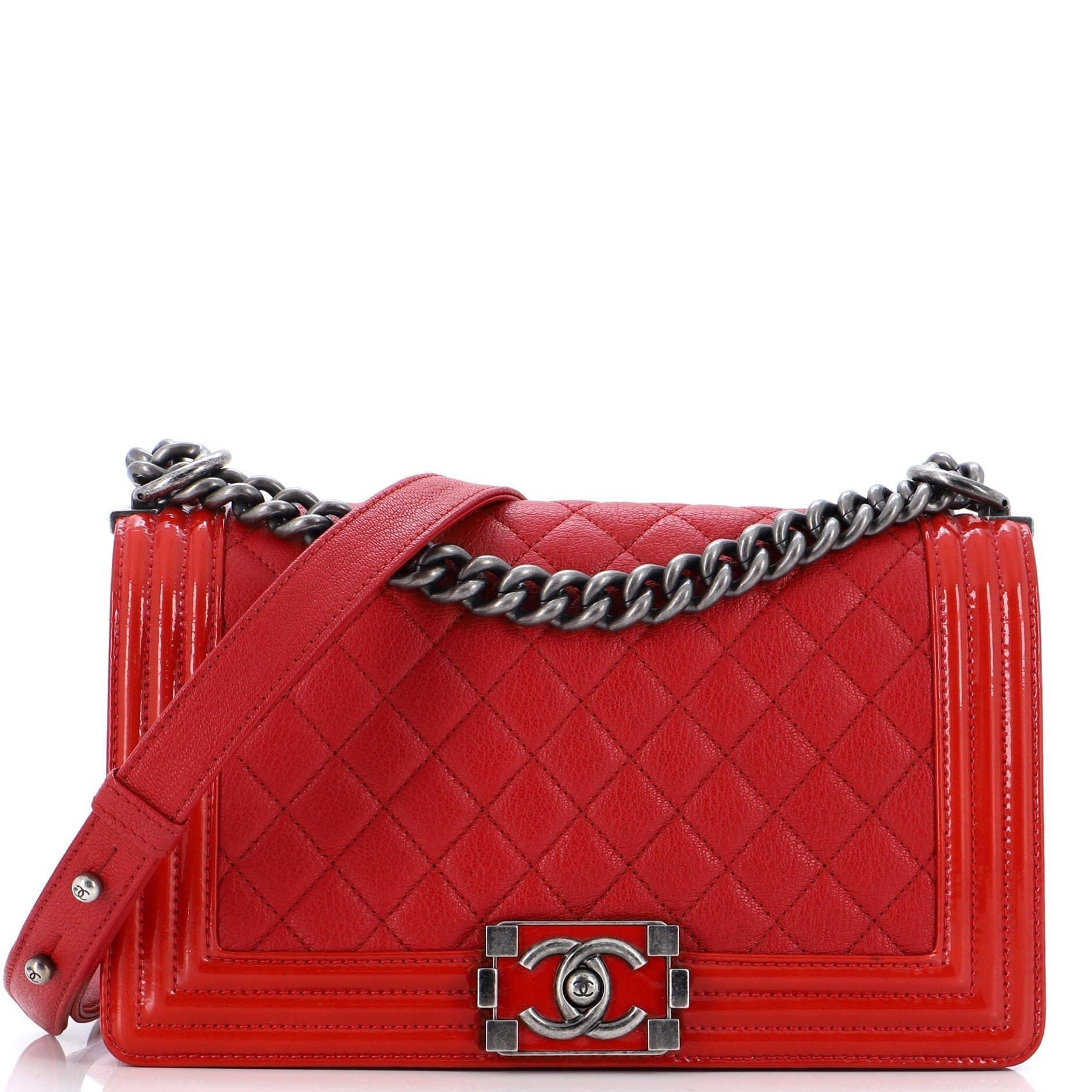 CHANEL Boy Flap Bag Quilted Goatskin with Patent Old Medium