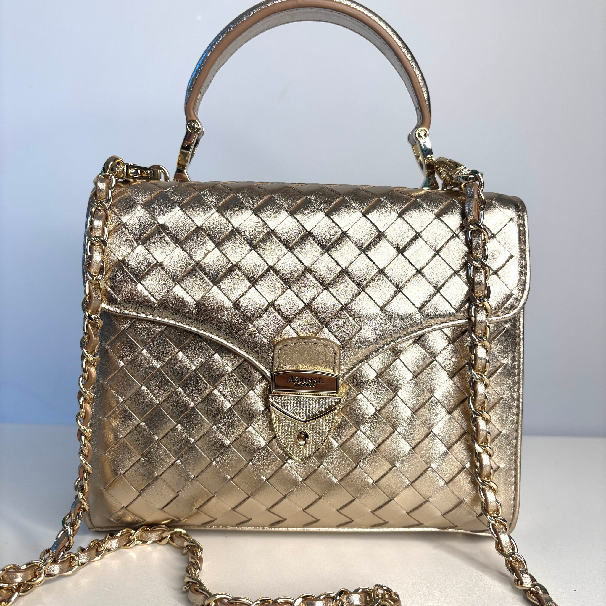 Aspinal of London Midi Mayfair Champaigne Woven Leather Top Handle Bag Preloved