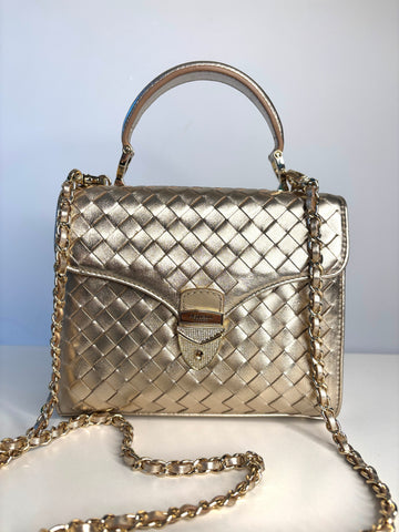 Aspinal of London Midi Mayfair Champaigne Woven Leather Top Handle Bag Preloved