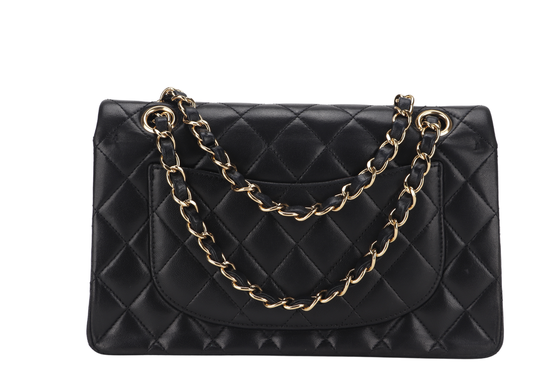 CHANEL CLASSIC FLAP SMALL BLACK LAMBSKIN & GOLD HARDWARE WITH  (1547xxxx) WITH DUST COVER AND BOX