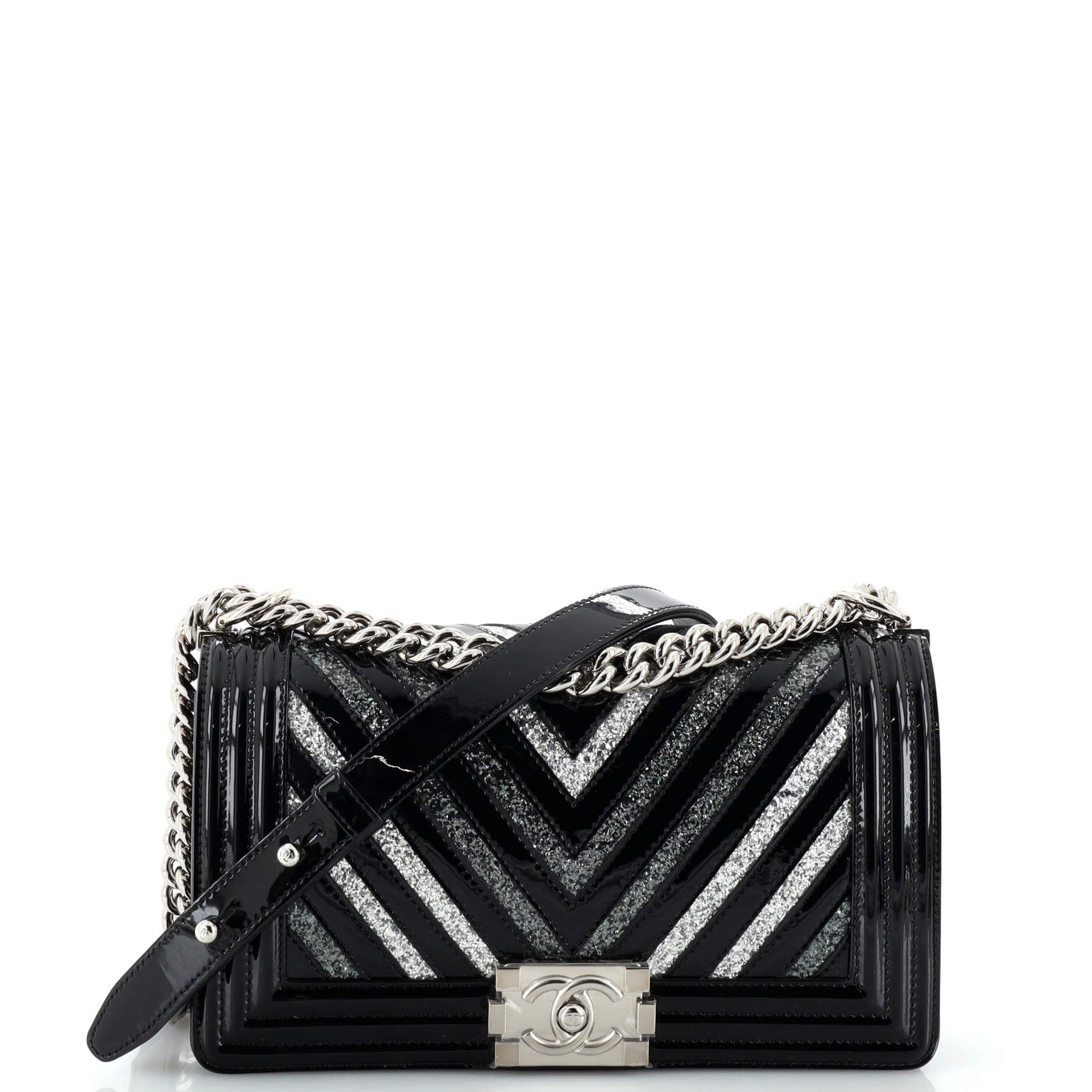 CHANEL Boy Flap Bag Chevron Patent with Glitter PVC Old Medium