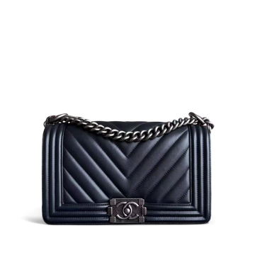 Chanel Boy Medium - Calfskin 25CM Chevron Midnight Blue Ruthenium Silver Hardware Series 25