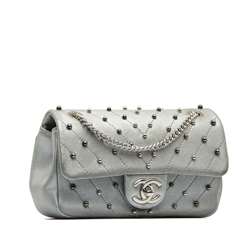 Chanel V Stitch Cocomark Chain Shoulder Bag Silver Leather