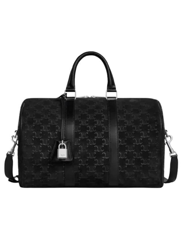 CELINE Large Boston Suede Calfskin Triomphe Embossed Duffle Bag Black