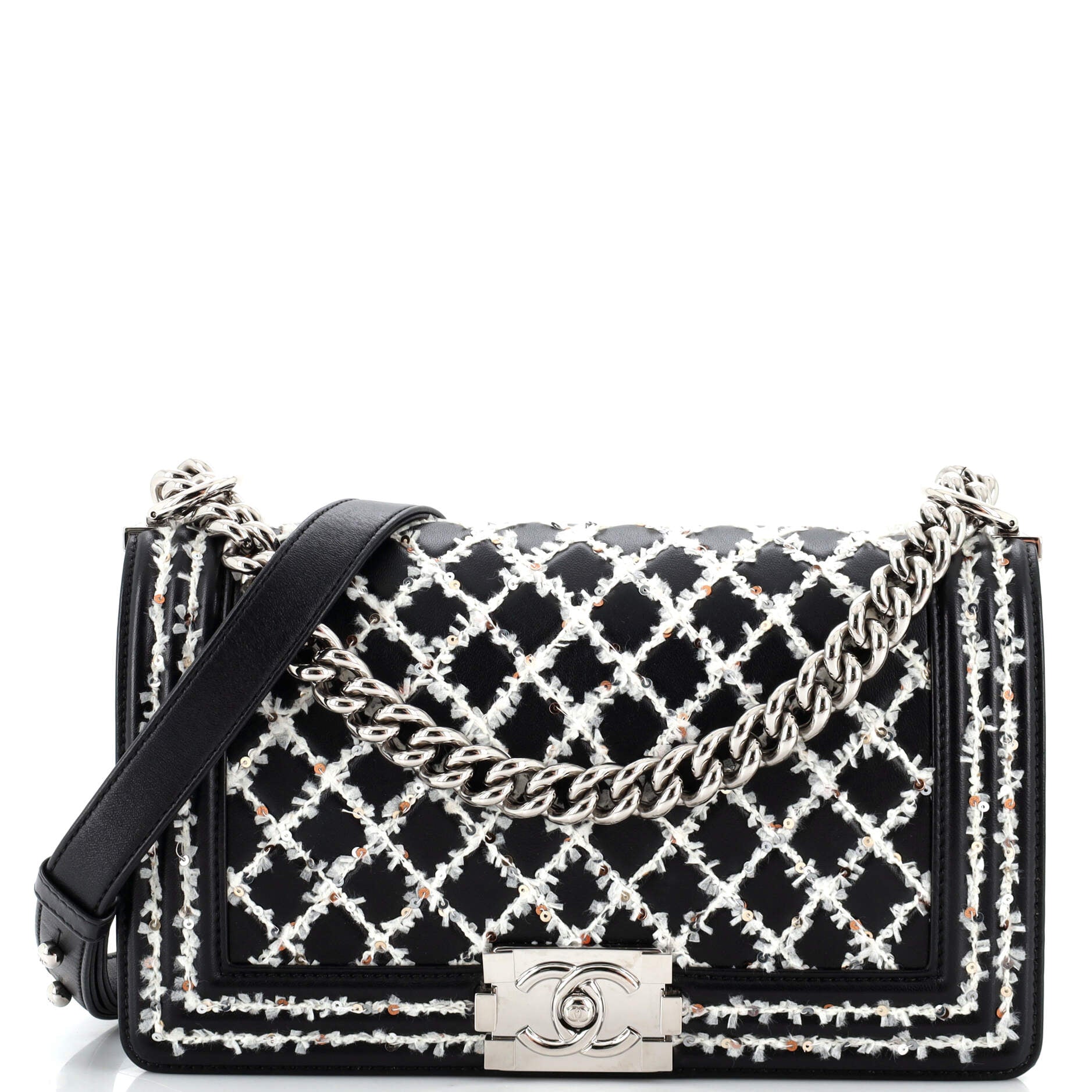 CHANEL Boy Flap Bag Lambskin with Quilted Tweed and Sequins Old Medium