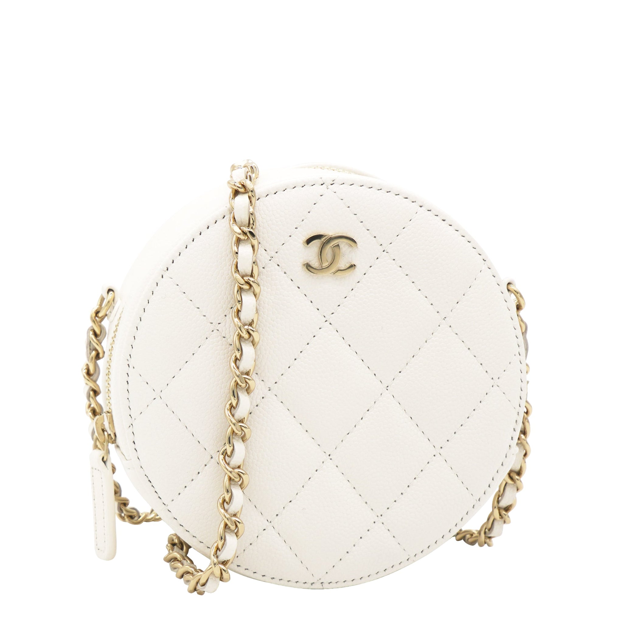 Chanel Caviar Quilted Round Clutch with Chain White