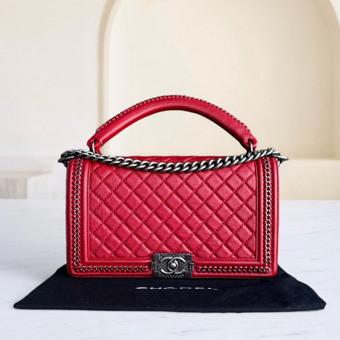 Chanel Calfskin Boy Handle New Medium 28CM Quilted Leboy Palladium Silver Hardware Series 23