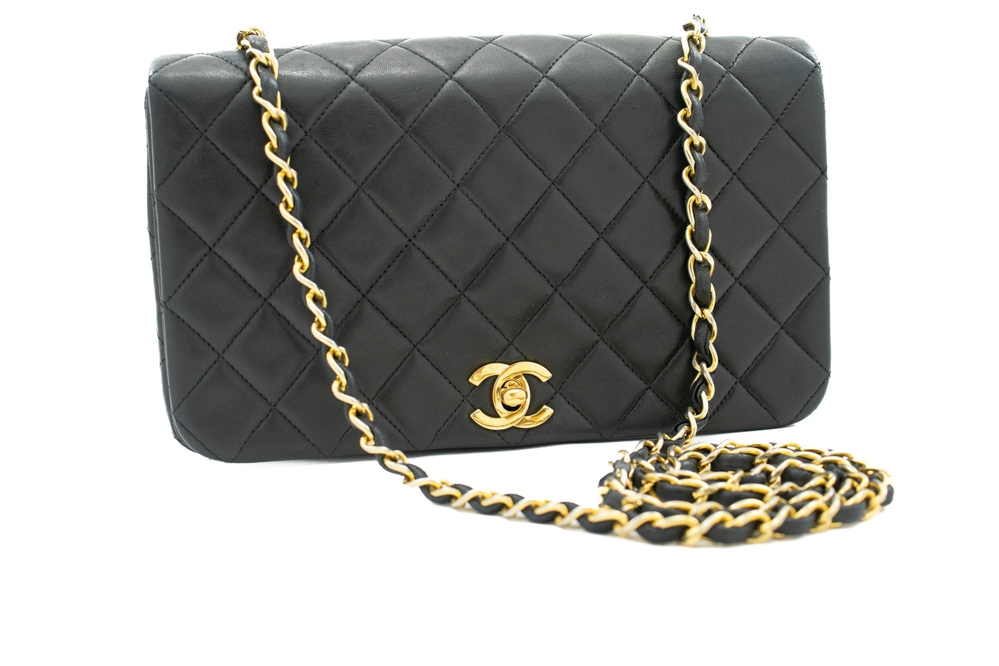 CHANEL Full Flap Chain Shoulder Bag Black Quilted Lambskin Leather j95