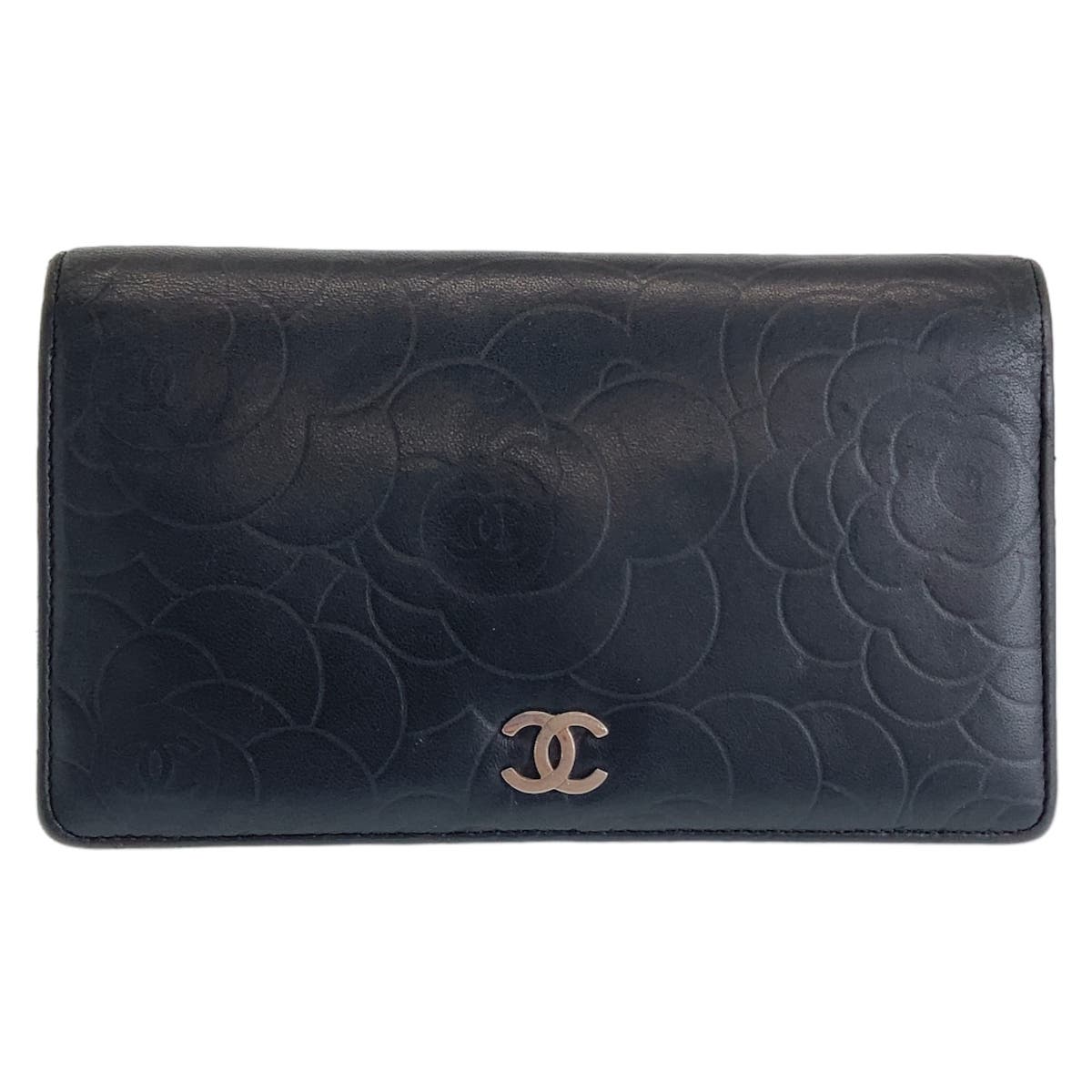 Chanel Camellia Lambskin Long Wallet Black