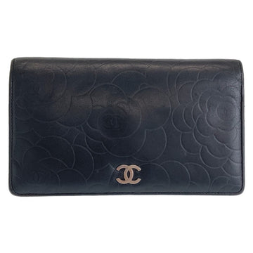 Chanel Camellia Lambskin Long Wallet Black