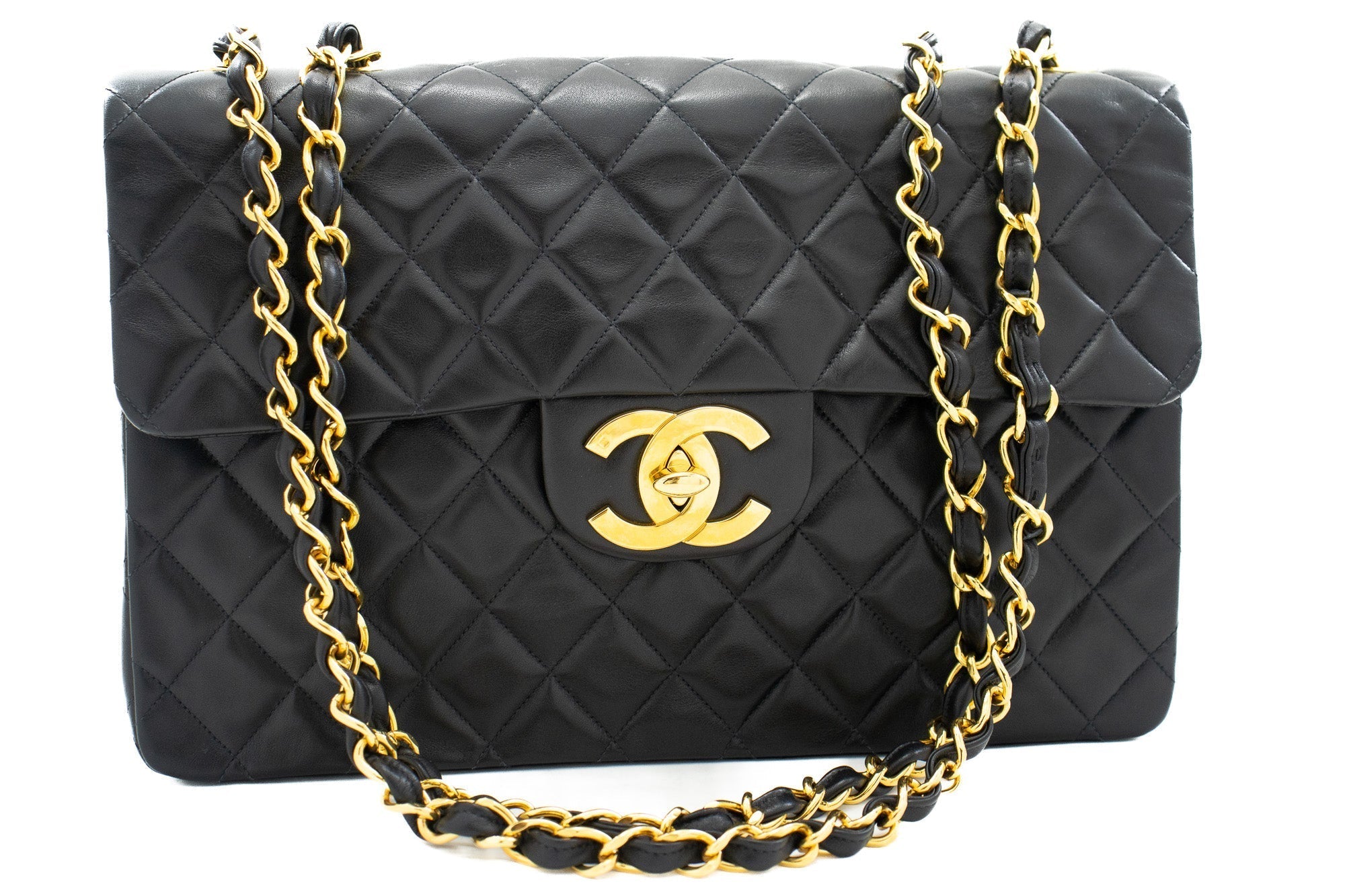 CHANEL Classic Large 13" Flap Chain Shoulder Bag Black Lambskin j82