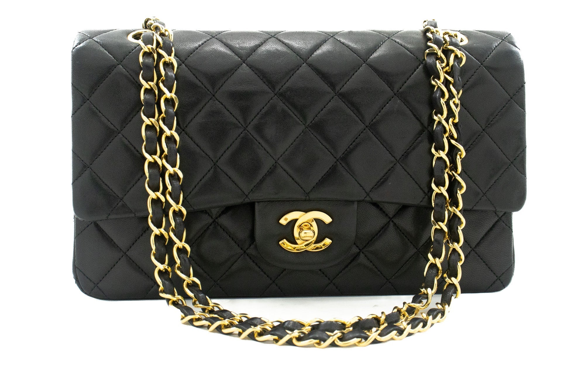 CHANEL Classic Double Flap 10" Chain Shoulder Bag Black Lambskin j92