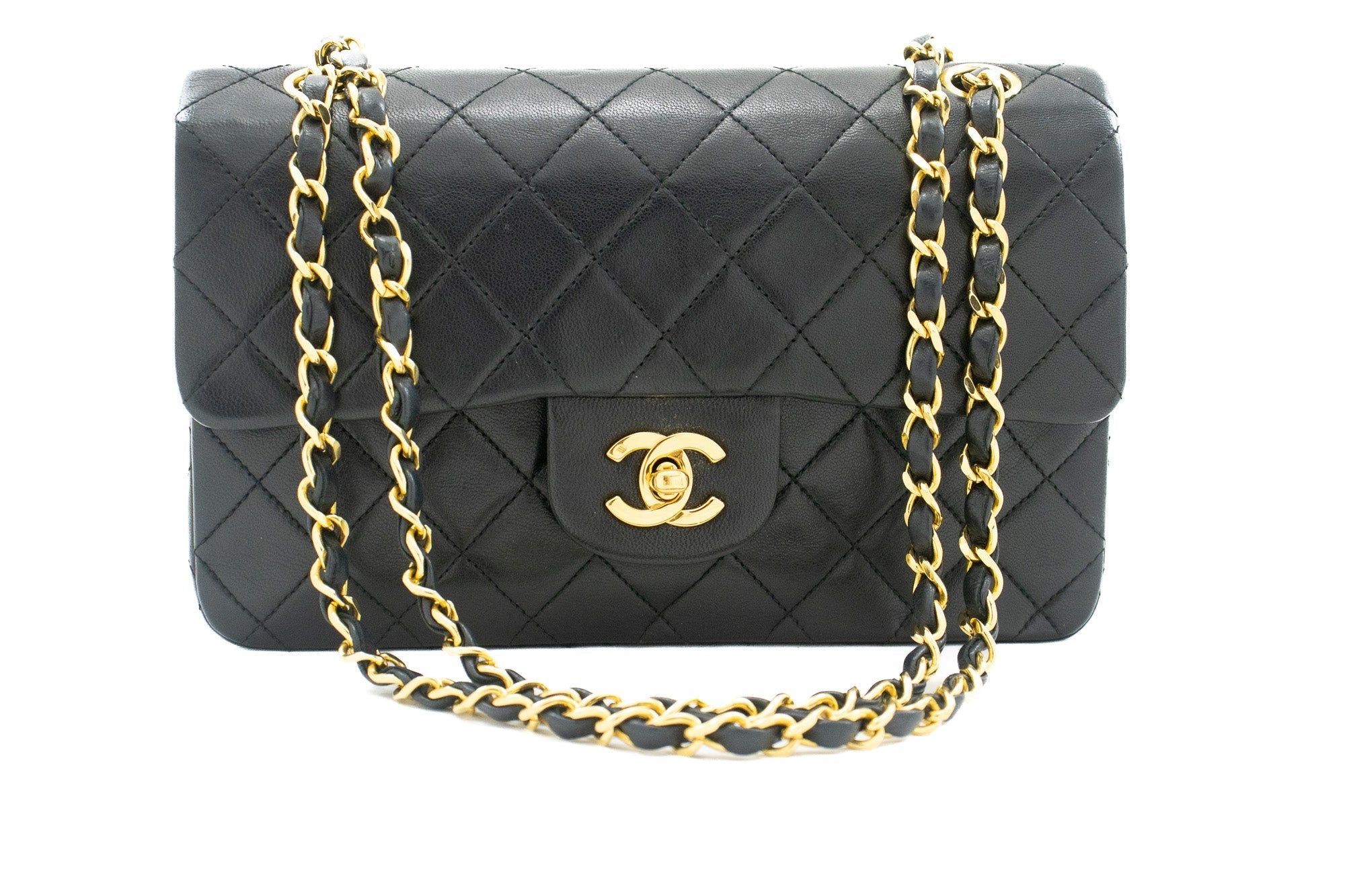 CHANEL Classic Double Flap 9" Chain Shoulder Bag Black Lambskin k10
