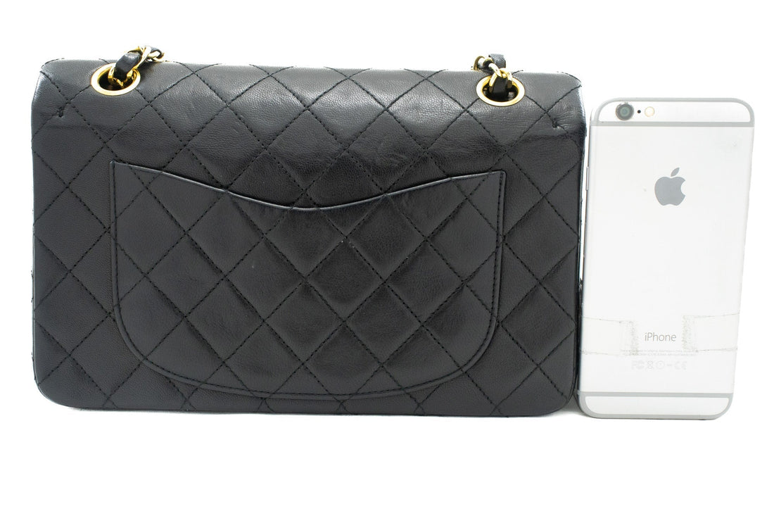 CHANEL Classic Double Flap 9" Chain Shoulder Bag Black Lambskin k10