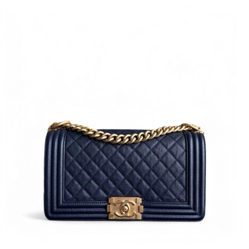 Chanel Boy Medium - Caviar 25CM Quilted Dark Blue Gold Hardware Series 25