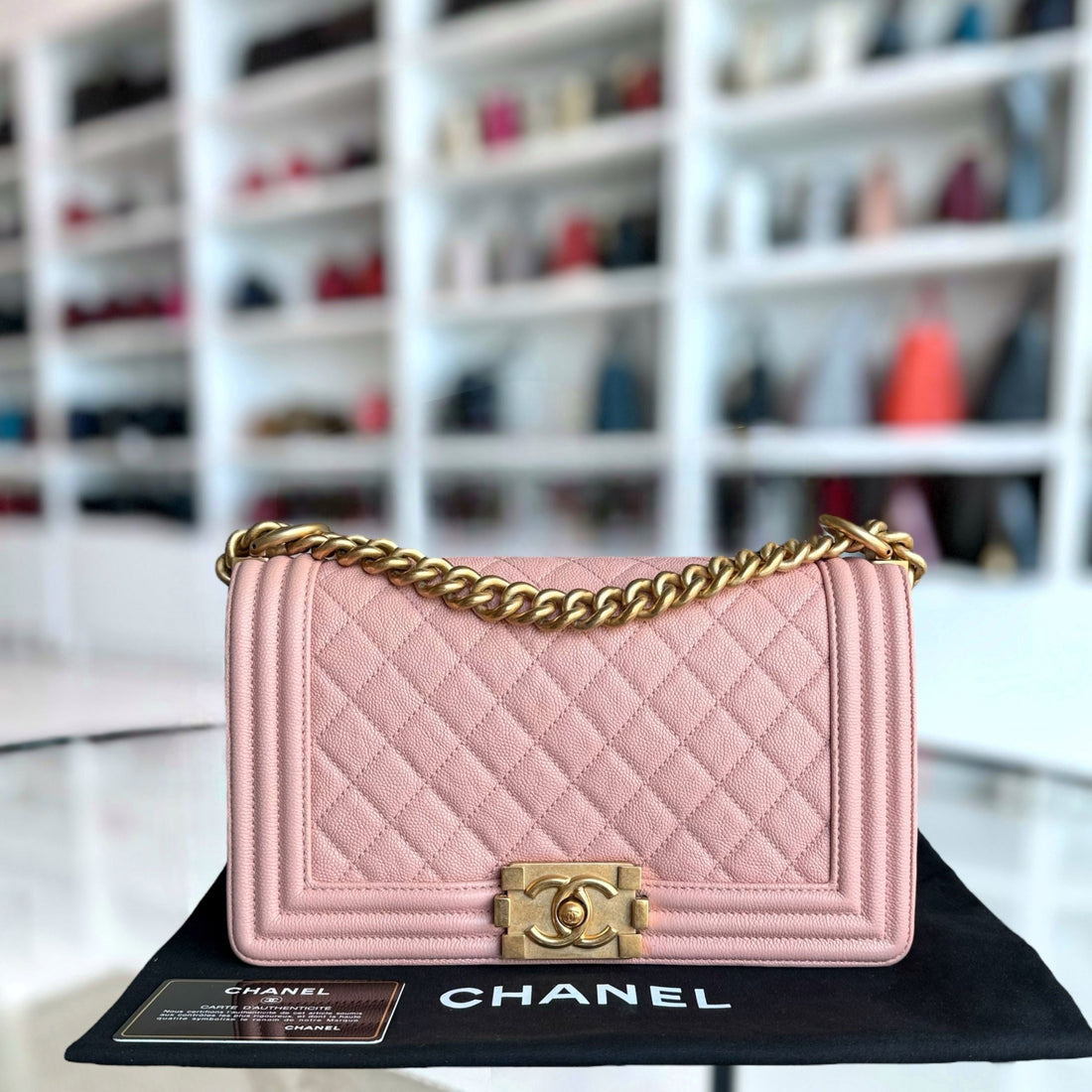 Chanel Boy Medium - Caviar 25CM Quilted Pink Gold Hardware Series 25