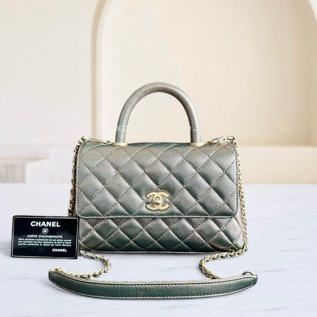 Chanel Caviar Coco Handle Small Grained Calfskin Metallic Silver Golden Hardware Series 28