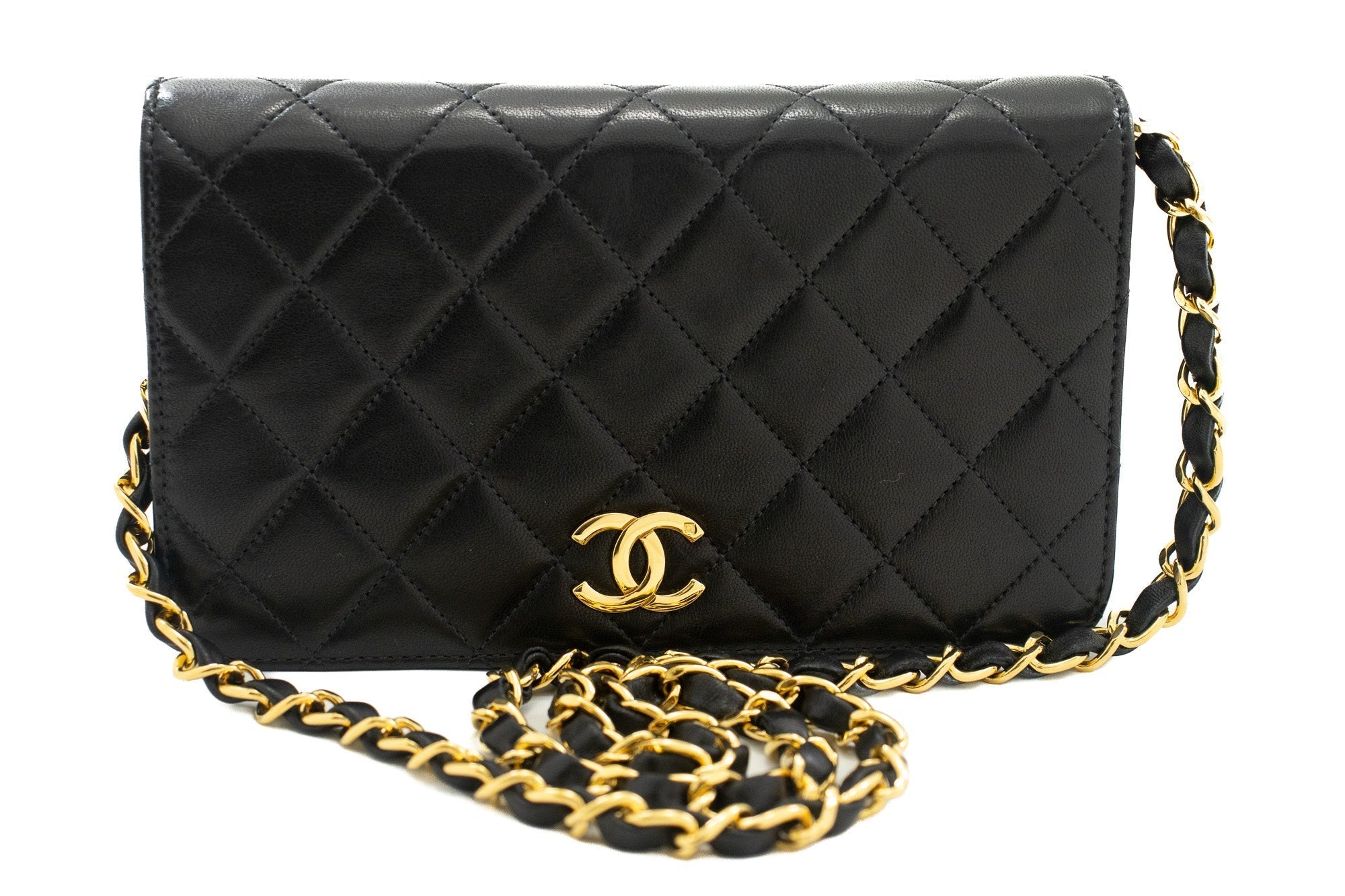CHANEL Full Flap Chain Shoulder Bag Clutch Black Quilted Lambskin k09