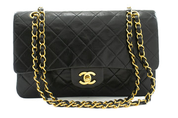 CHANEL Classic Double Flap 10" Chain Shoulder Bag Black Lambskin k03
