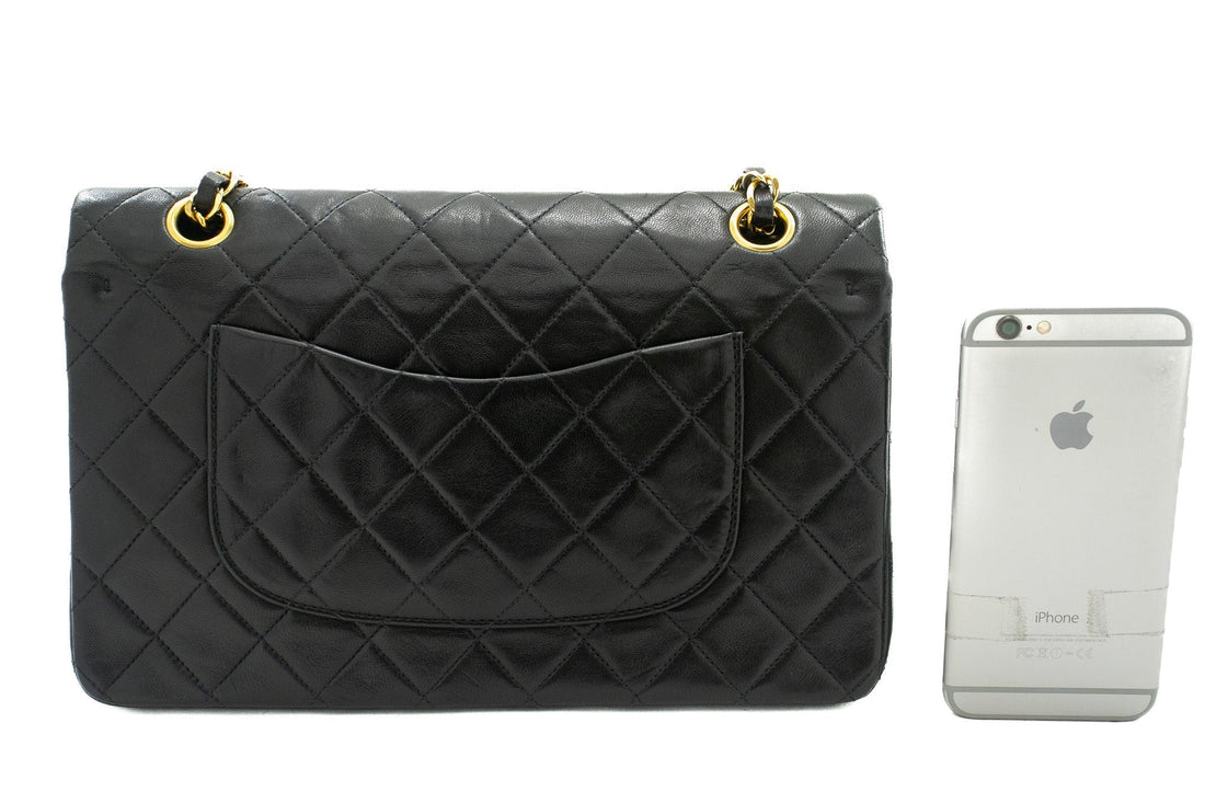 CHANEL Classic Double Flap 10" Chain Shoulder Bag Black Lambskin k03