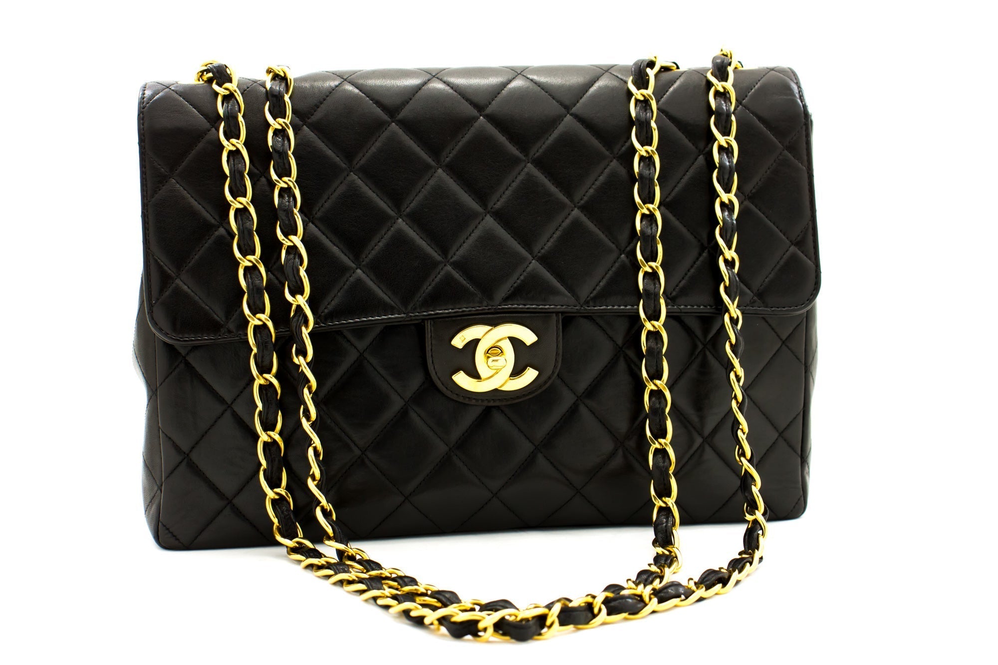 CHANEL Jumbo 11" Large Chain Shoulder Bag Flap Black Lambskin Gold f98