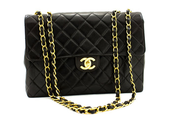 CHANEL Jumbo 11" Large Chain Shoulder Bag Flap Black Lambskin Gold f98