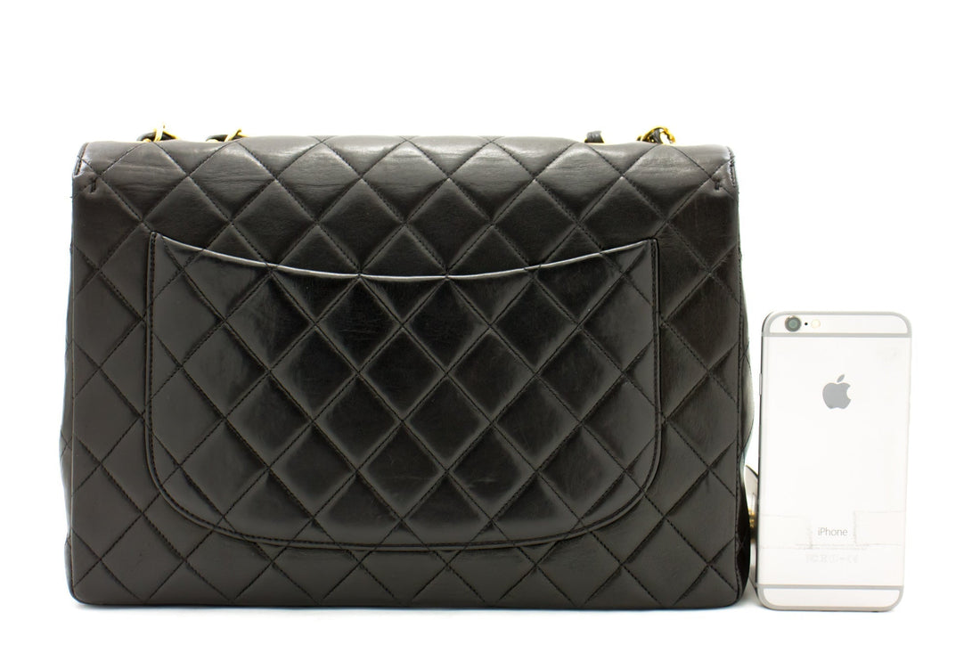 CHANEL Jumbo 11" Large Chain Shoulder Bag Flap Black Lambskin Gold f98
