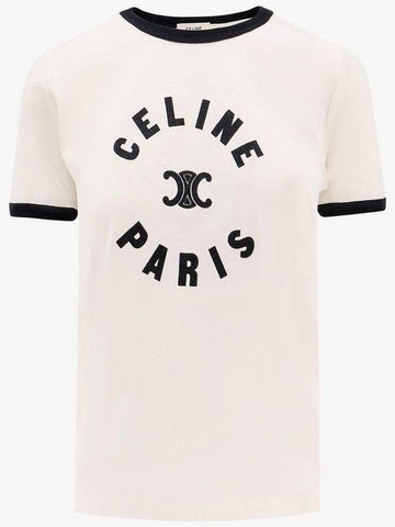 CELINE Flocking Logo Cotton Short Sleeve T-Shirt Cream