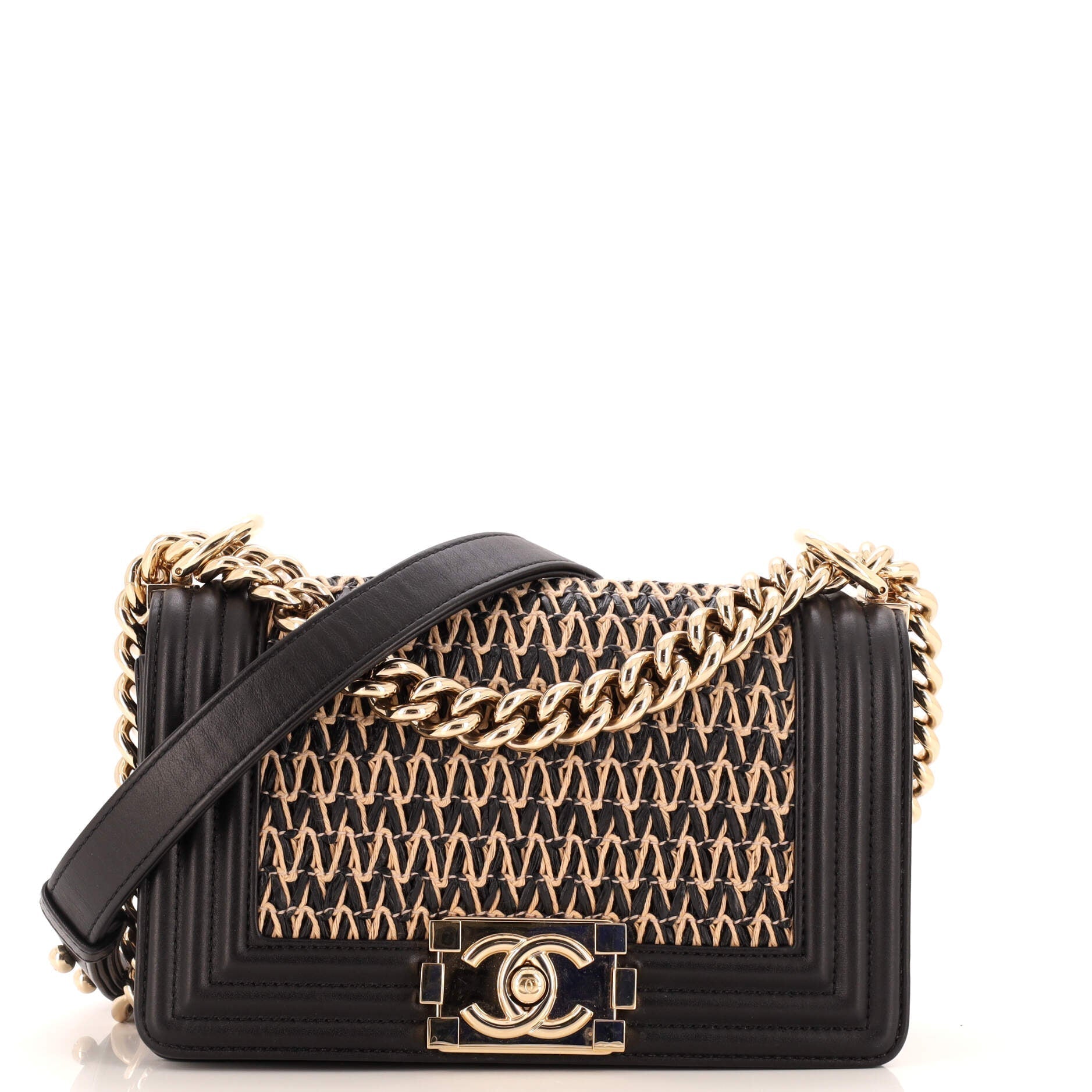 CHANEL Boy Flap Bag Chevron Woven Raffia and Leather Small
