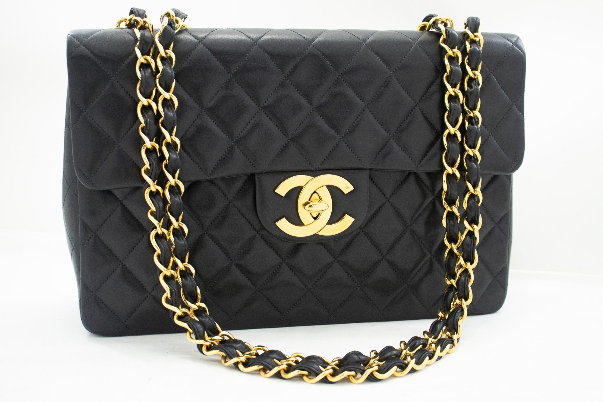 CHANEL Classic Large 13" Flap Chain Shoulder Bag Black Lambskin j63