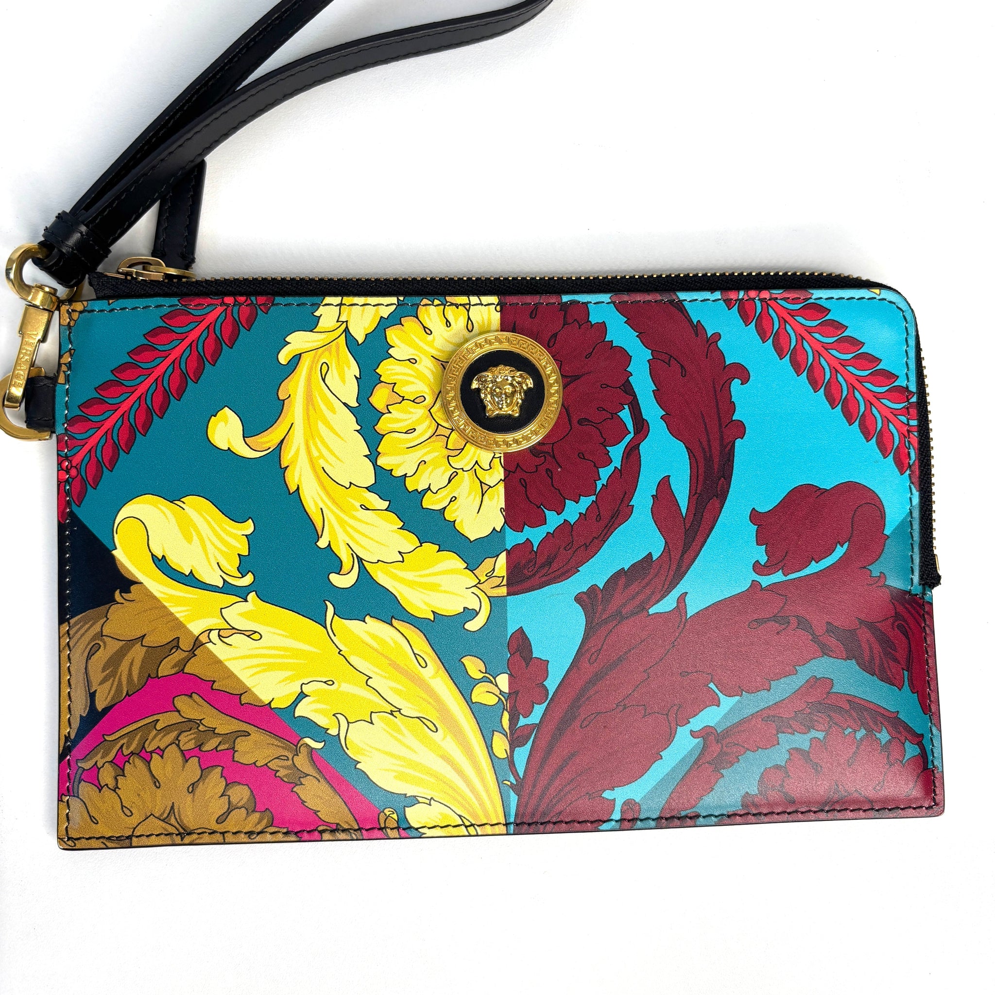 Versace Vitello Baroque Print Wristlet Pouch Clutch Bag - Preloved