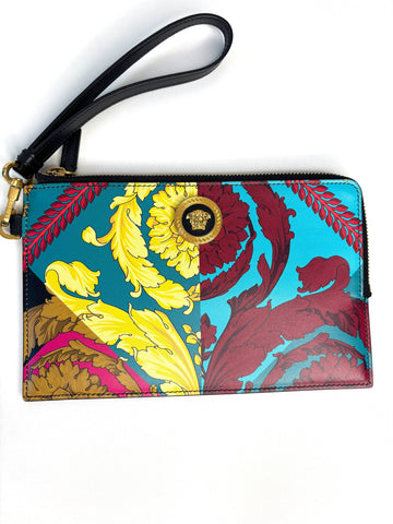 Versace Vitello Baroque Print Wristlet Pouch Clutch Bag - Preloved