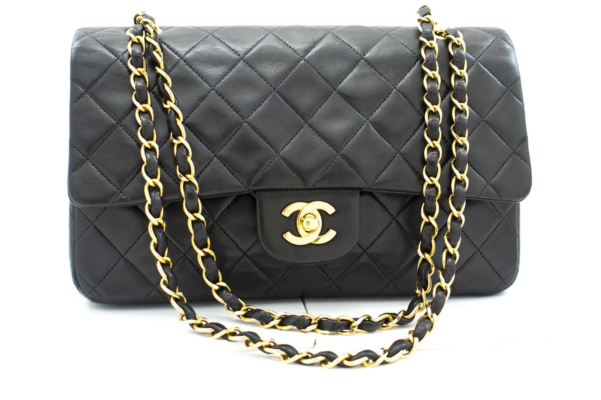 CHANEL Classic Double Flap 10" Chain Shoulder Bag Black Lambskin k04