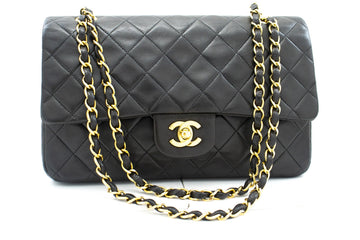 CHANEL Classic Double Flap 10" Chain Shoulder Bag Black Lambskin k04