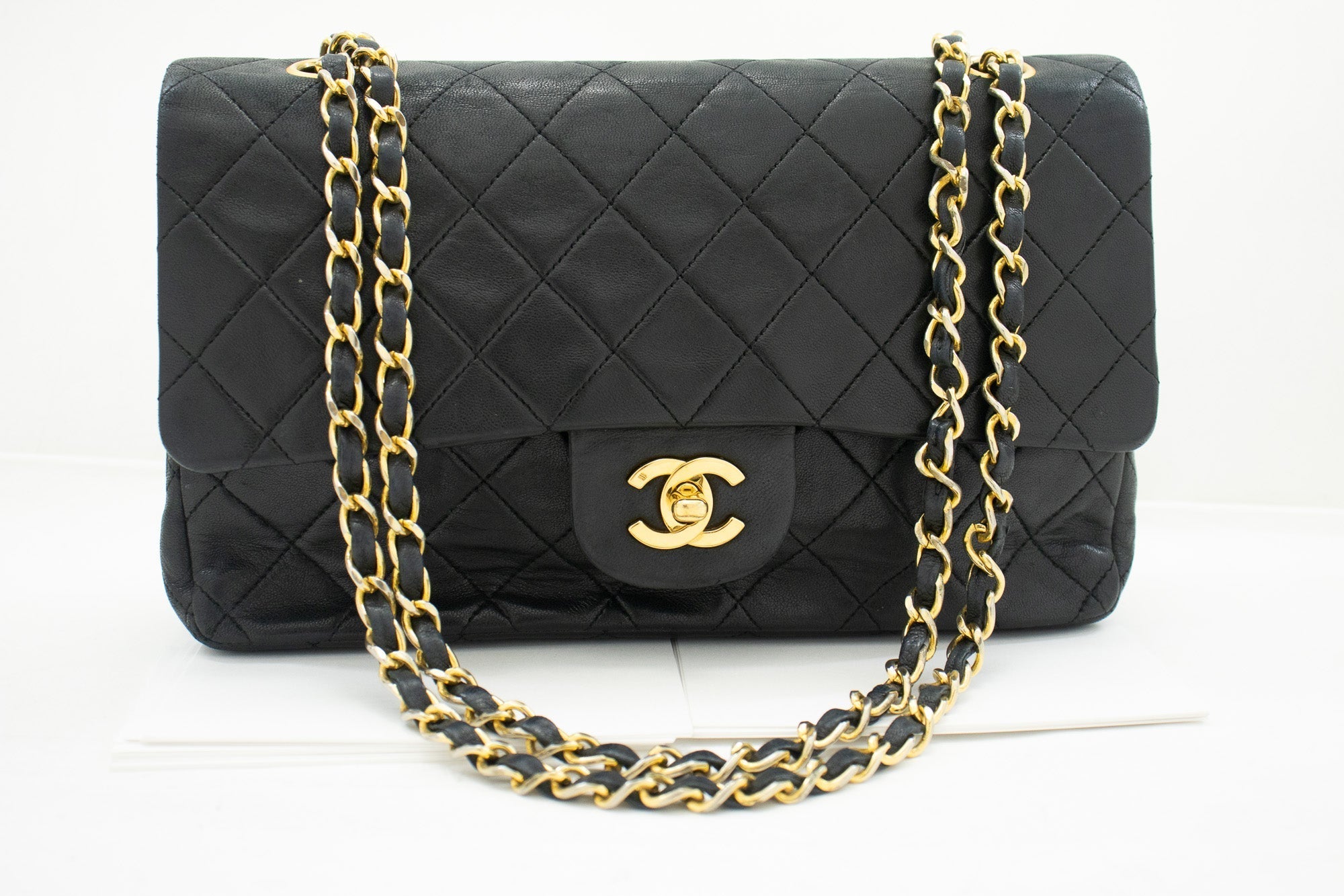 CHANEL Classic Double Flap Medium Chain Shoulder Bag Black Lamb k33