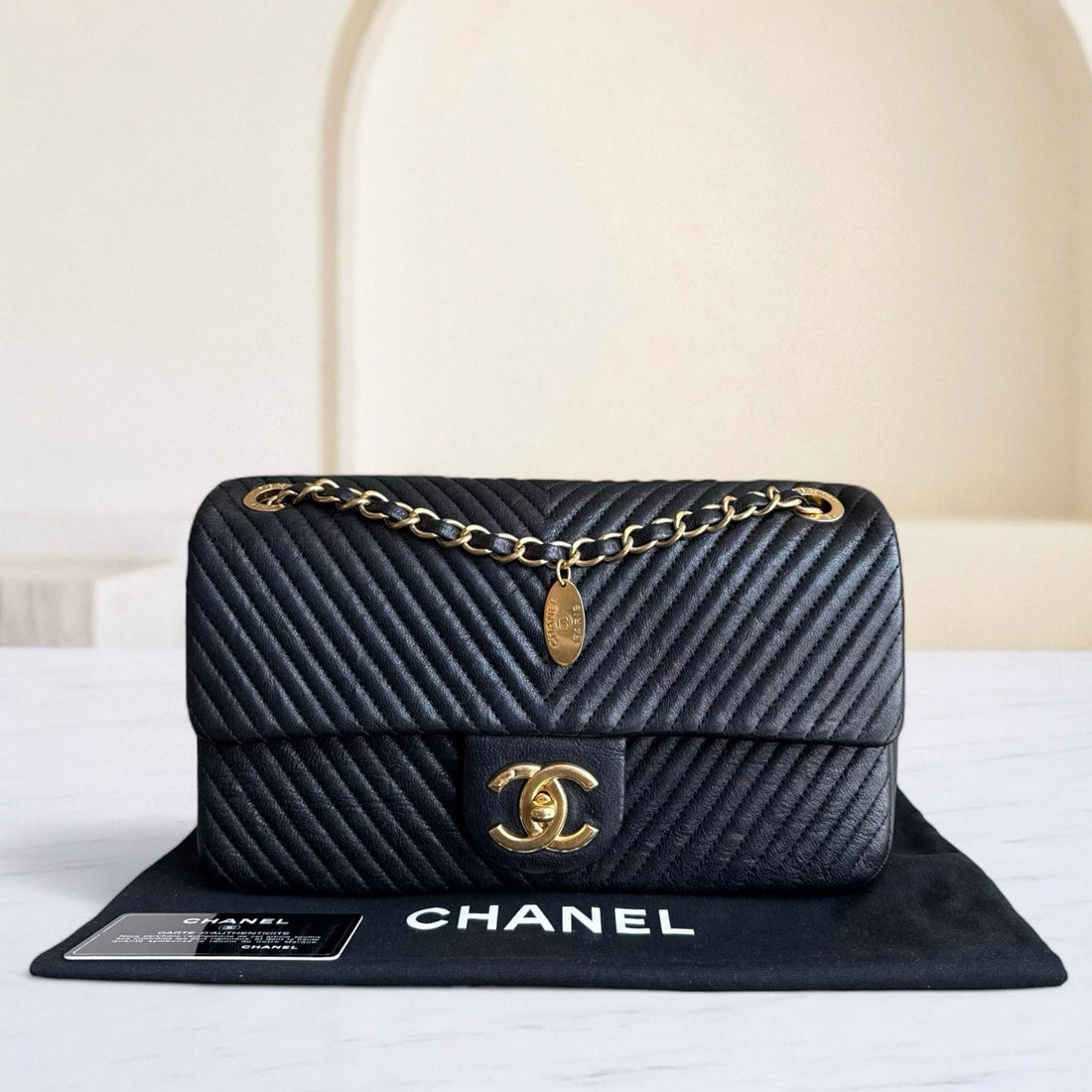 Chanel Seasonal Flap Surpique CC Herringbone Medallion Medium - 25CM Flap Chevron Goatskin Black Gold Hardware Series 20