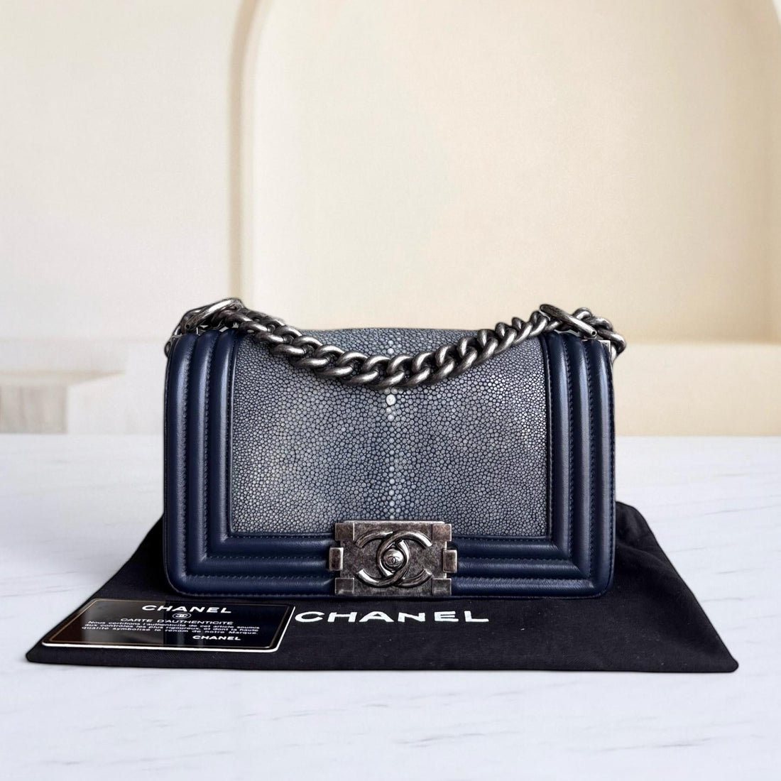 Chanel Boy Small - Small Galuchat Stingray Blue Ruthenium Silver Hardware Series 20