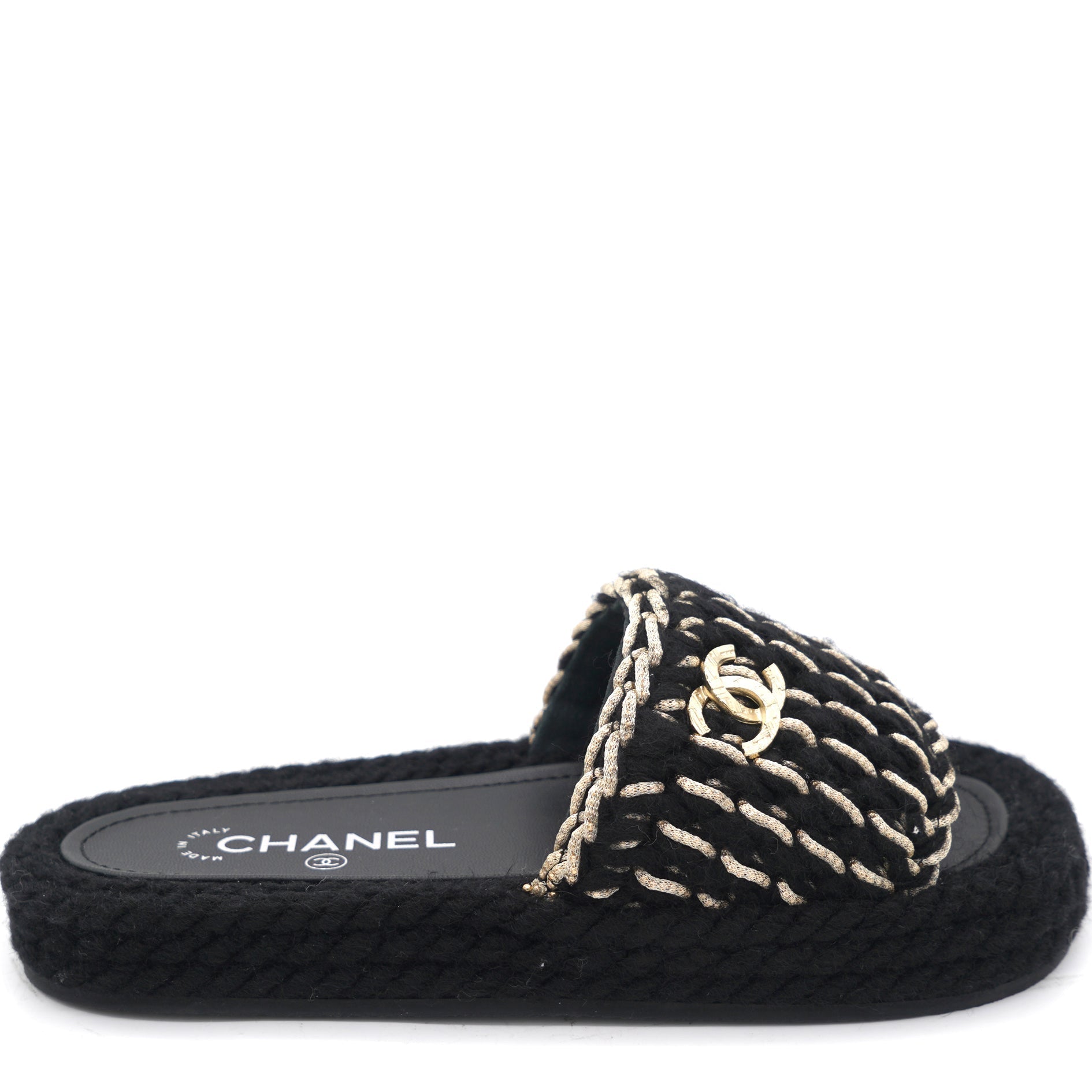 Chanel Braided Knit CC Mules Black Gold 36