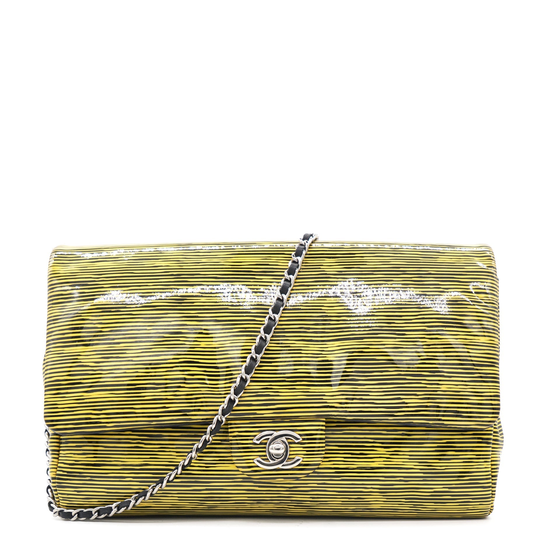 Chanel Patent Calfskin Striped Single Flap Bag