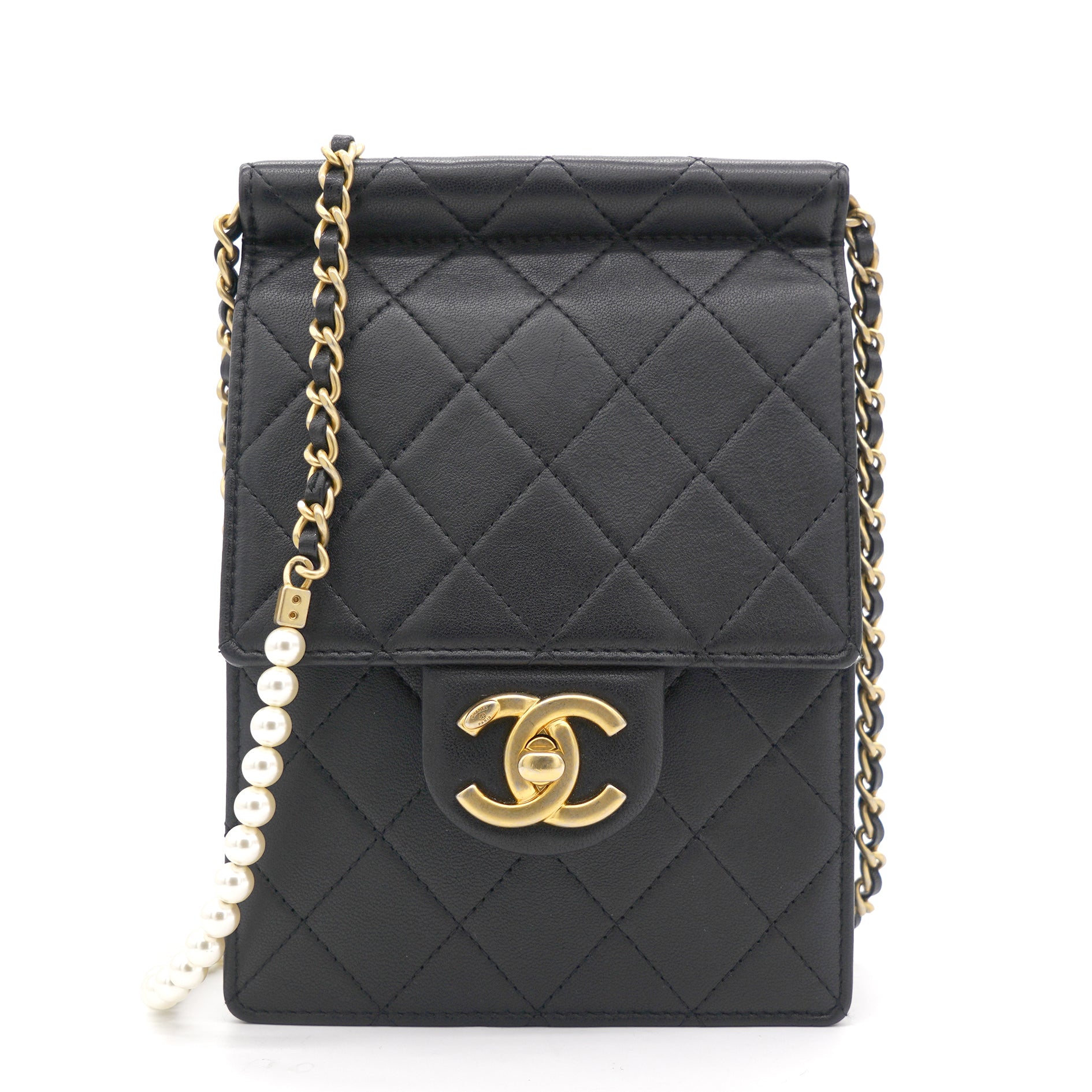 Chanel Vertical Pearls Clutch with Chic Pearl Chain In Black and Gold Hardware GHW