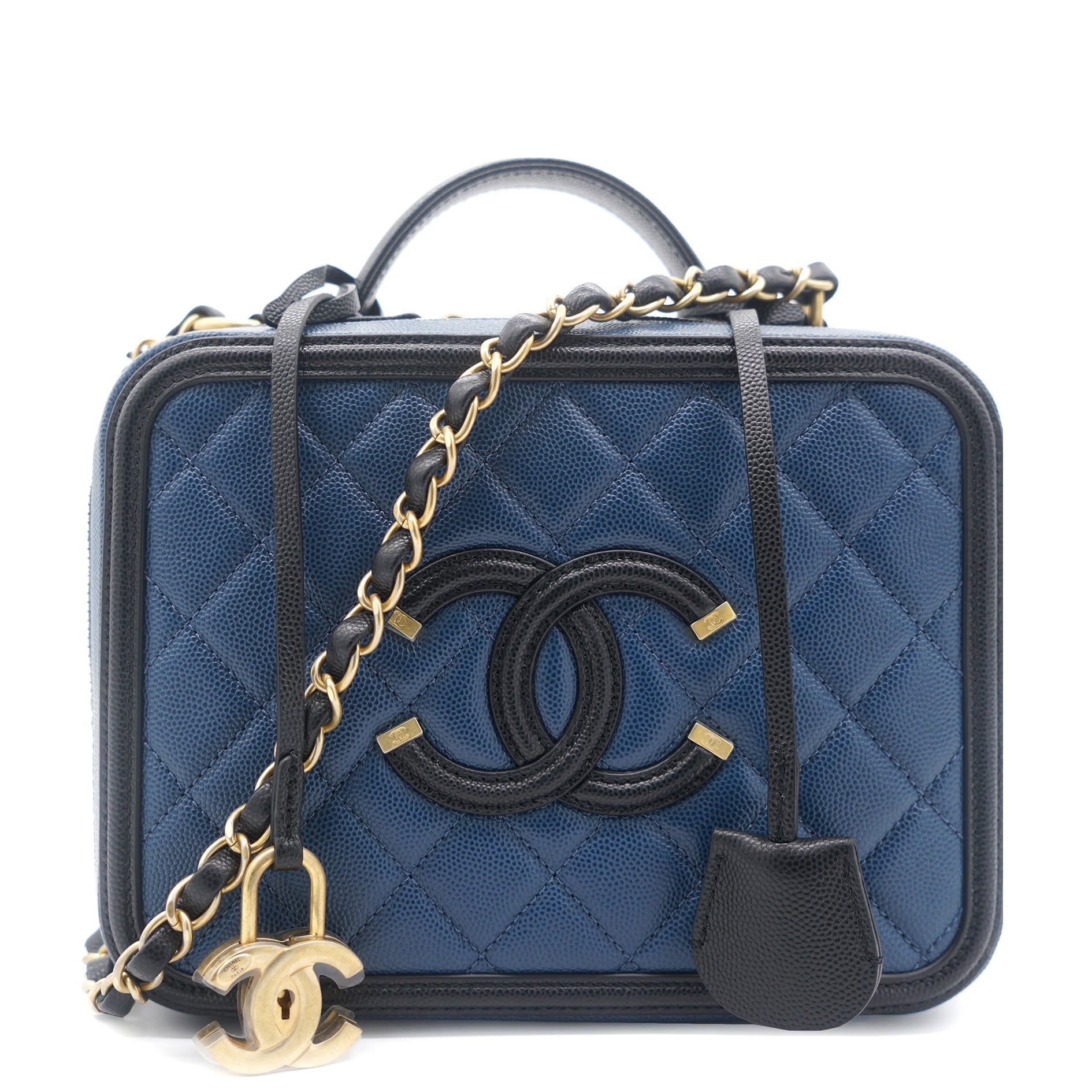 Chanel Navy/Black Quilted Caviar Leather Medium CC Filigree Vanity Case Bag