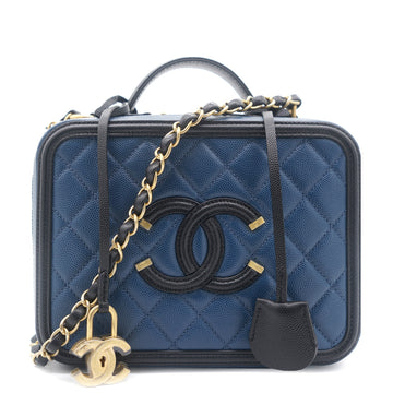 Chanel Navy/Black Quilted Caviar Leather Medium CC Filigree Vanity Case Bag